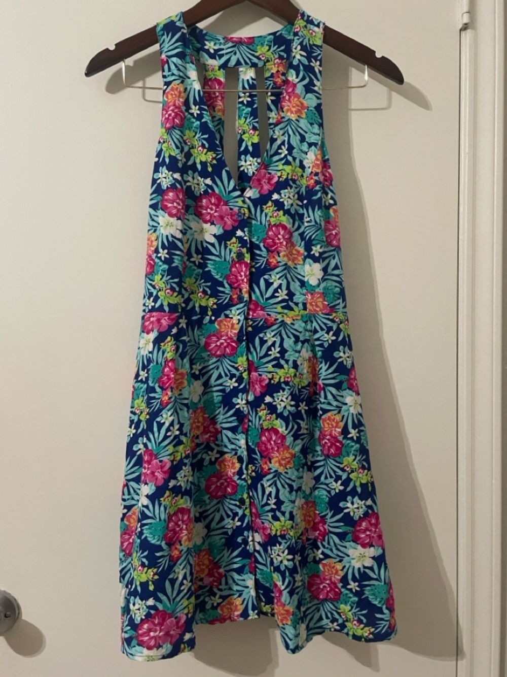 No Boundaries Tropical Floral Mini Dress - Blue/Pink - Size L